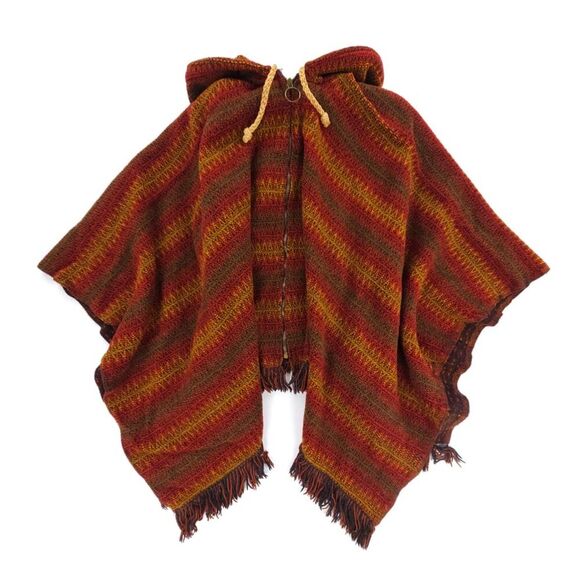 Himalayan Artisan Handmade Red Woven Poncho with Backpack Hoodie One Size - Picture 1 of 7